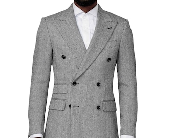 Men's Gray Tweed Herringbone Double Breasted Suit