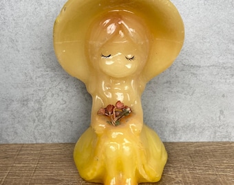 Vintage Luccia Candle Figurine Kitsch Retro Girl With Flowers 1960s/70s Unused 8&quot; Wax Figure Rare