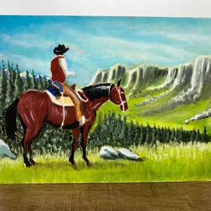 Vintage peinture originale des années 1960 à bord de cow-boy du Far West et scène western art mural americana