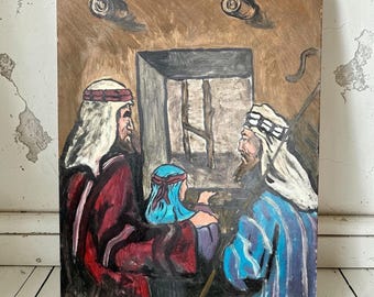 Vintage Original Oil Painting On Board Religious Biblical Scene Signed By Artist Religion