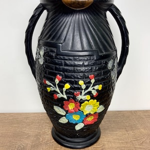 Vintage Black Mid Century Vase Floral Retro Dee England Hand Painted 1950s Decor 50s Interior Homeware