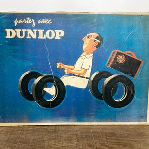 Cartel publicitario francés vintage de neumáticos Raymond Savignac Dunlop sobre tabla.