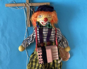 Discoveries Wooden Clown Marionette Puppet Vintage With Tags