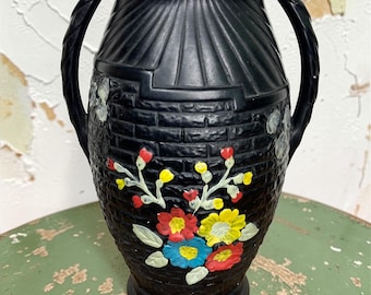 Vintage Black Mid-Century Vase: Dee England Hand-Painted Floral Decor