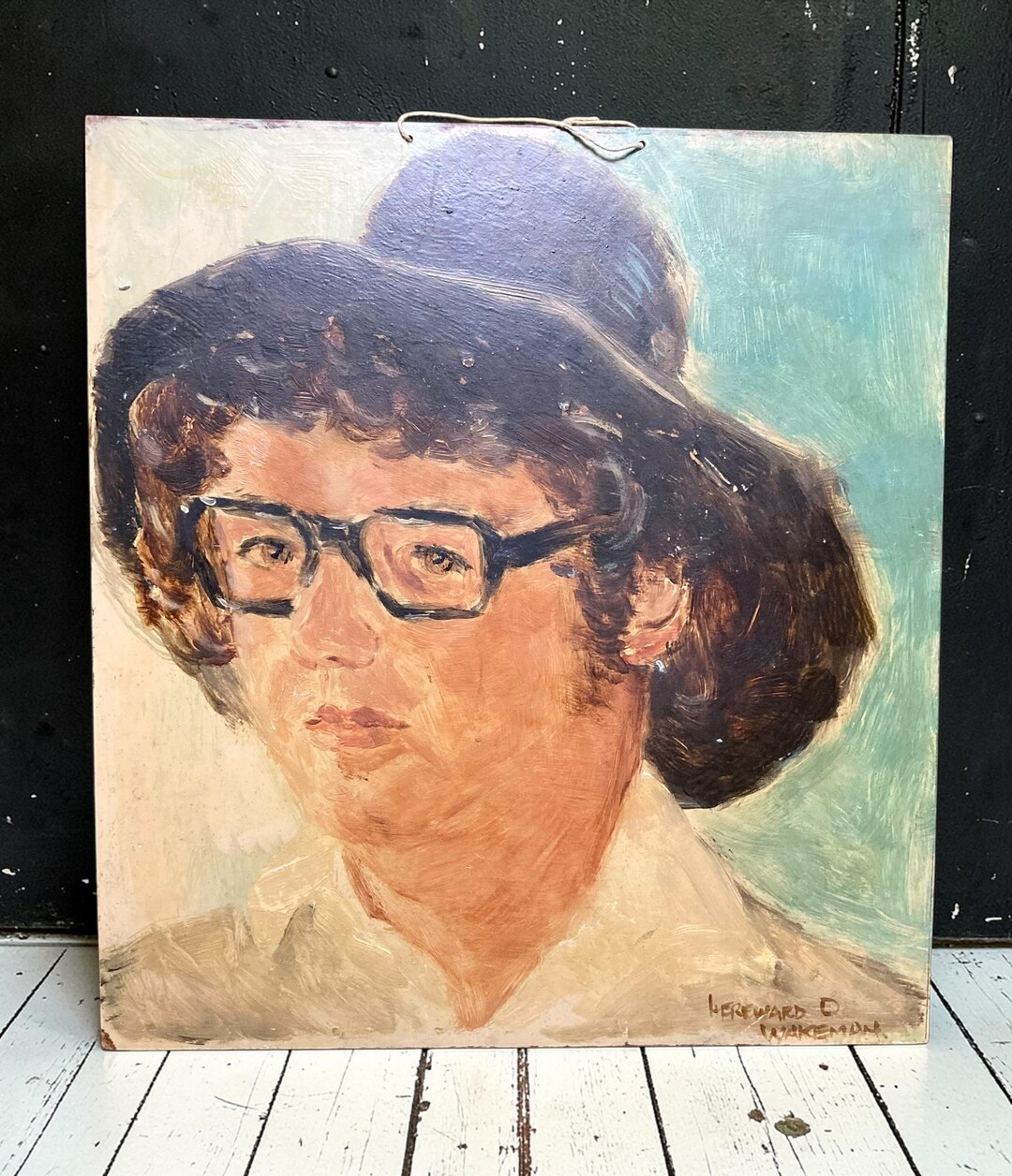 Vintage Original Oil Painting on Board 1960s Portrait Signed HEREWALD D ...
