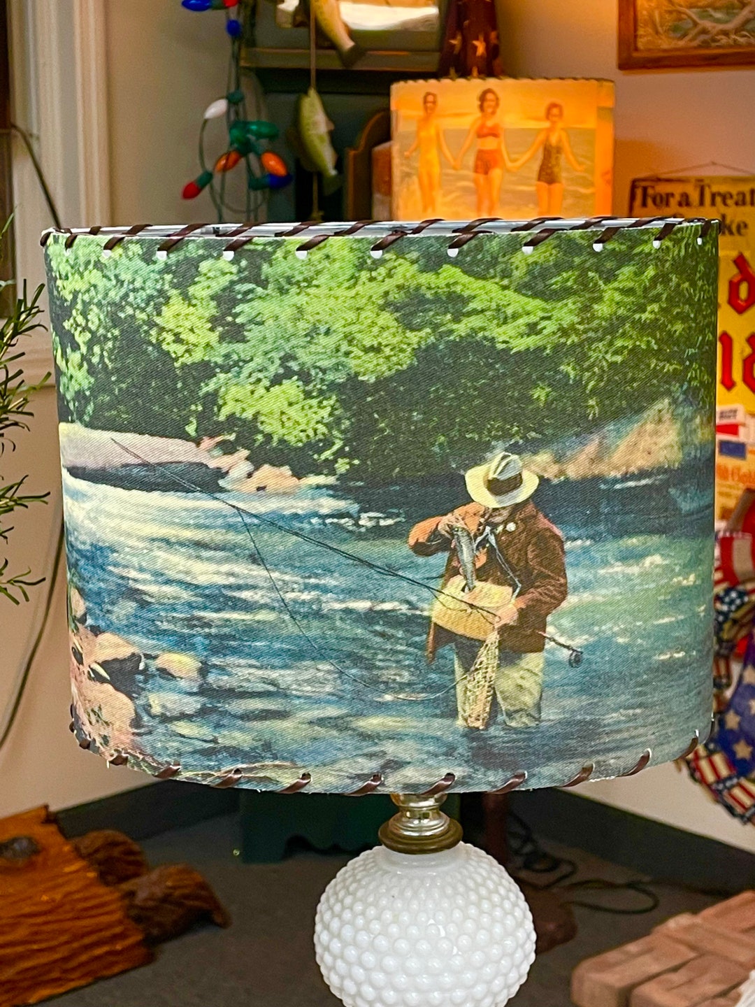 Cool Old Fly Fishing Images Lamp Shade Handmade Using an Old Vintage Postcard Images . . . NEW