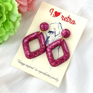 Glitter pink  hoop vintage earrings , vintage jewellery , 40 s, 50 s style earrings , pin up jewellery,  hoop earrings,