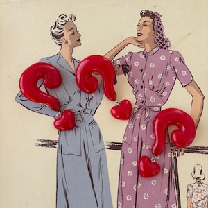 May include: A pair of red question mark and heart-shaped earrings are shown on a vintage illustration of women in dresses. The earrings are glossy and vibrant, contrasting with the muted background. The illustration has a retro aesthetic.
