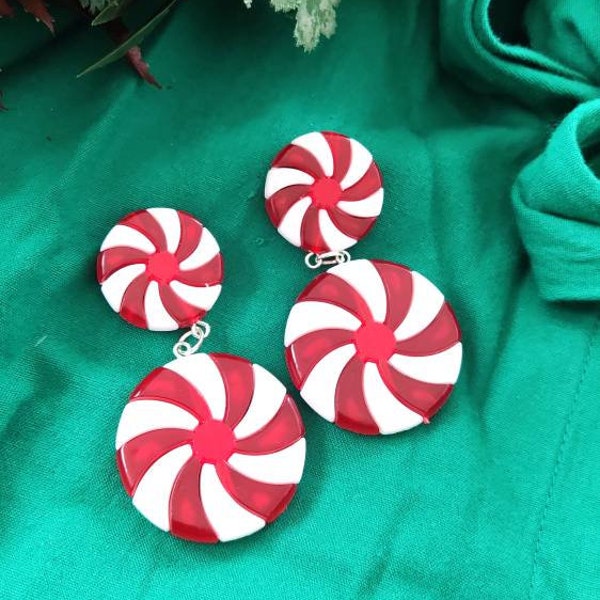 Boucles d'oreilles en bonbon de Noël des années 1940, années 1950, boucles d'oreilles en bonbon rétro vintage, bijoux de Noël, boucles d'oreilles en bonbon de style bakélite