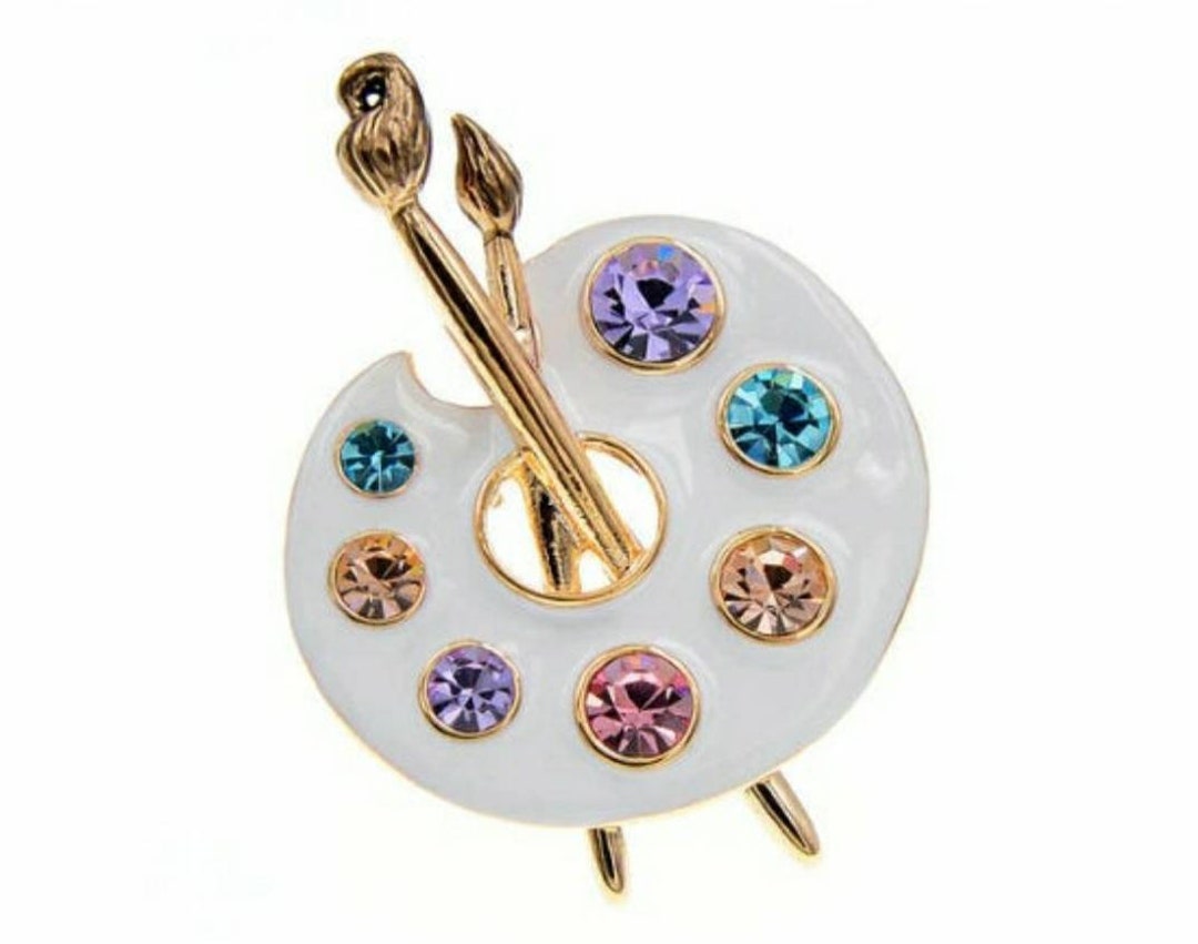 White Paint Palette Vintage Brooch With Rhinestones , Palette Brooch