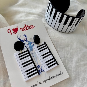 Black and white dangling piano vintage bakelite style earrings clips 40 s 50 s style earrings , pin up jewellery roockabilly earrings