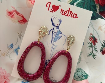 Pendientes vintage atómicos de aro con purpurina, joyería vintage, pendientes estilo años 40 y 50, joyería pin up, pendientes de aro,