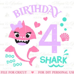 Tiburón de 4.º cumpleaños SVG, niña de 4.º cumpleaños SVG, tiburón Doo Doo SVG, cumpleaños de tiburón SVG, cuarto cumpleaños SVG, tiburón niños SVG, archivo de corte Cricut