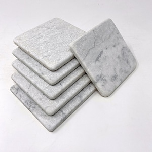 Carrara White Natural Handmade Stone Marble Coaster Set For Drinks Handcrafted Thick Real Marble Coasters, 4 Inches 100% Natural Stone Set of 6