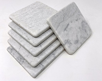 Carrara White Natural Handmade Stone Marble Coaster Set For Drinks - Handcrafted Thick Real Marble Coasters, 4 Inches | 100% Natural Stone