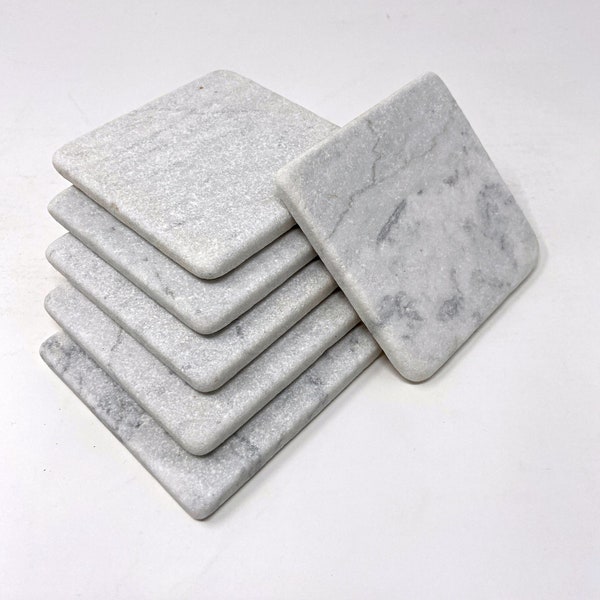 Carrara White Natural Handmade Stone Marble Coaster Set For Drinks - Handcrafted Thick Real Marble Coasters, 4 Inches | 100% Natural Stone