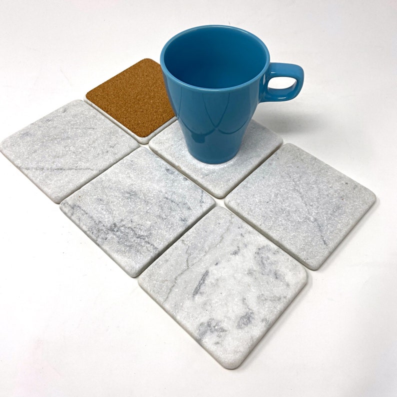 Carrara White Natural Handmade Stone Marble Coaster Set For Drinks Handcrafted Thick Real Marble Coasters, 4 Inches 100% Natural Stone image 3