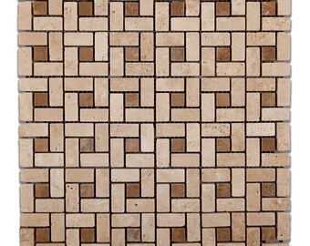 Ivory Travertine Tumbled Mini Pinwheel Mosaic Tile w/ Noce Dots