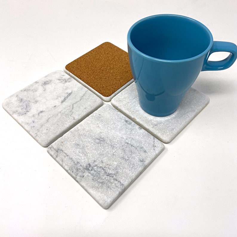 Carrara White Natural Handmade Stone Marble Coaster Set For Drinks Handcrafted Thick Real Marble Coasters, 4 Inches 100% Natural Stone image 4