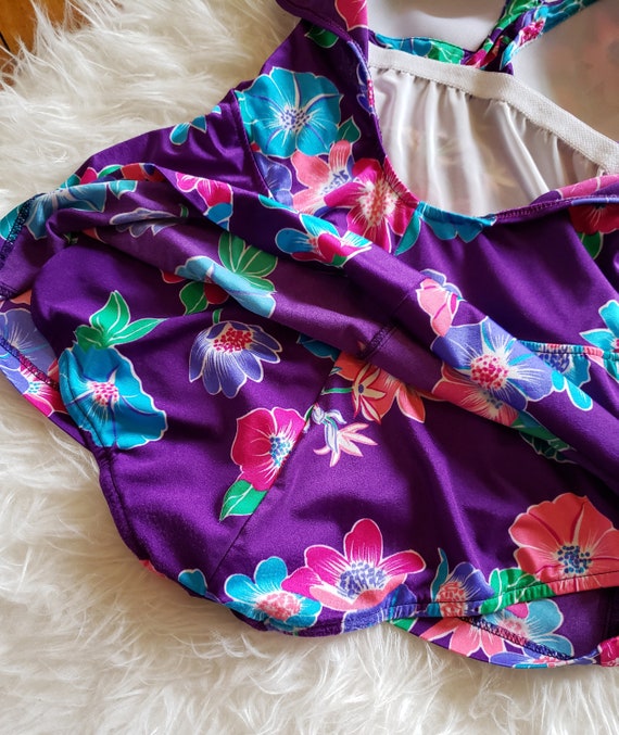 Vintage purple floral one piece skirted swimsuit … - image 10