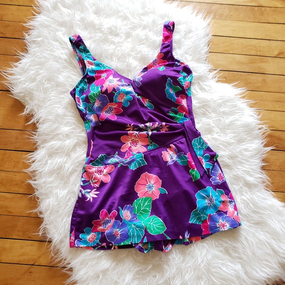 Vintage purple floral one piece skirted swimsuit … - image 1