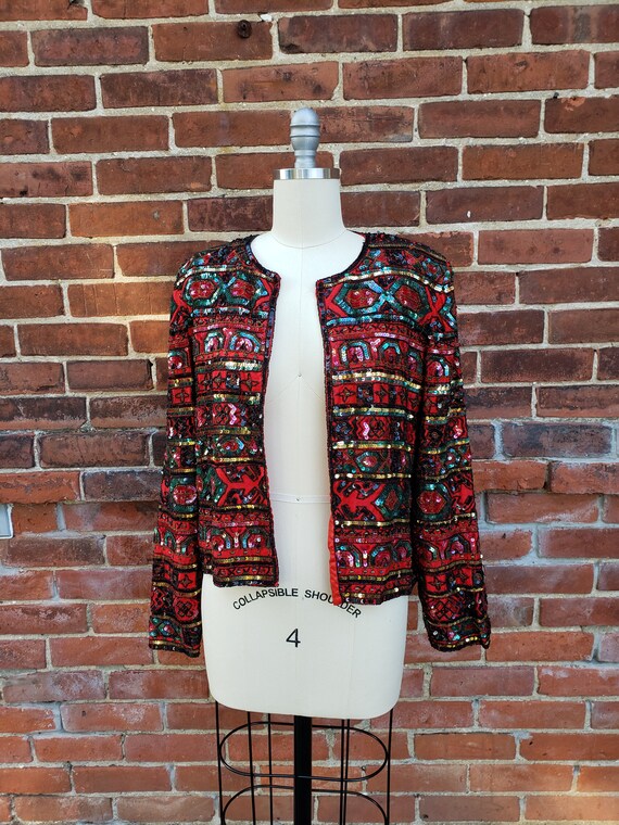 Vintage 80's beaded red black gold silk sequin dre