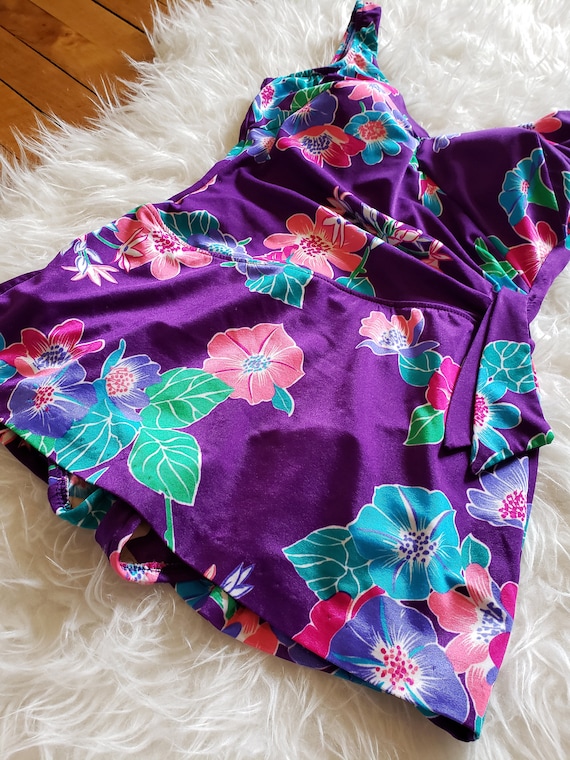 Vintage purple floral one piece skirted swimsuit … - image 4