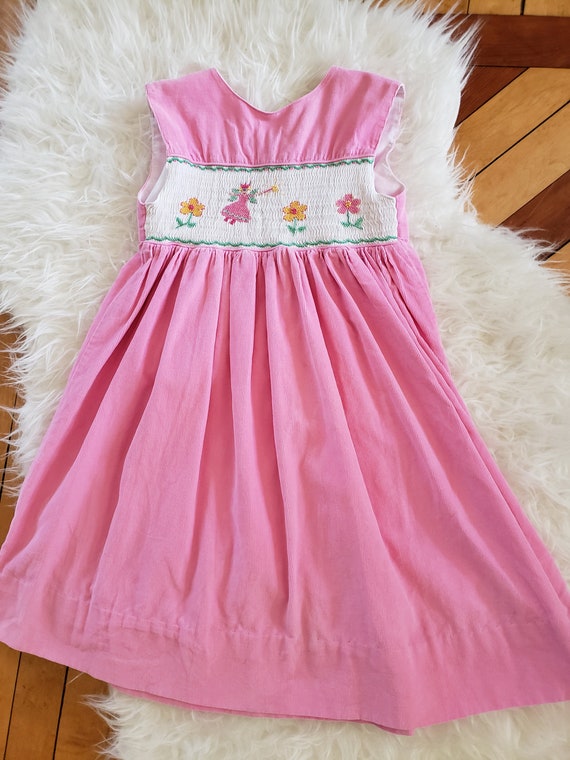Girls vintage 1960s pink flocked dress corduroy 5… - image 2