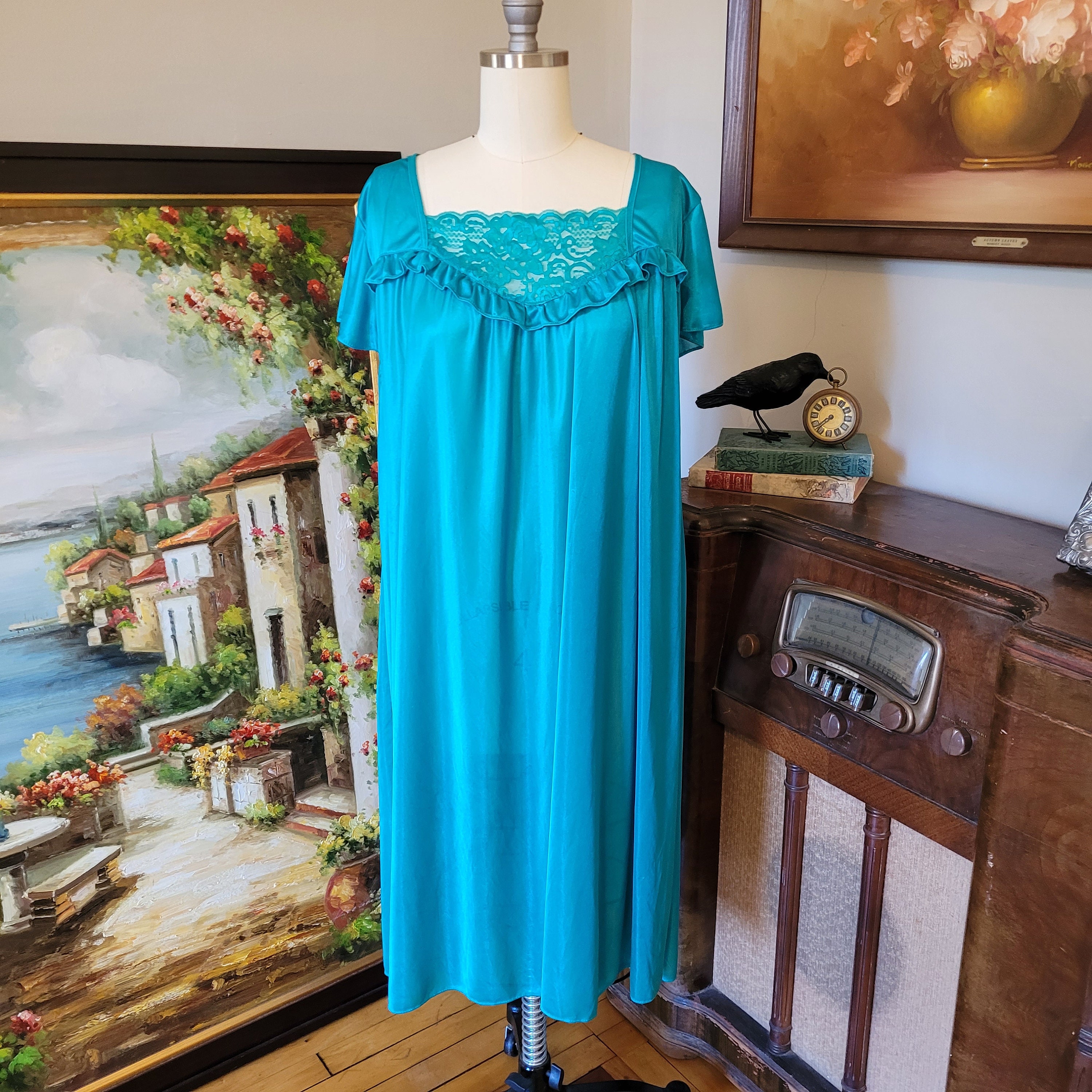 Vintage Teal Nylon Lace Nighty Nightgown Large - Etsy 