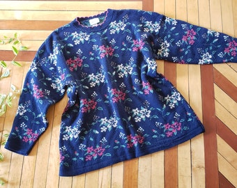 80's vintage Navy floral knit sweater 16 XL