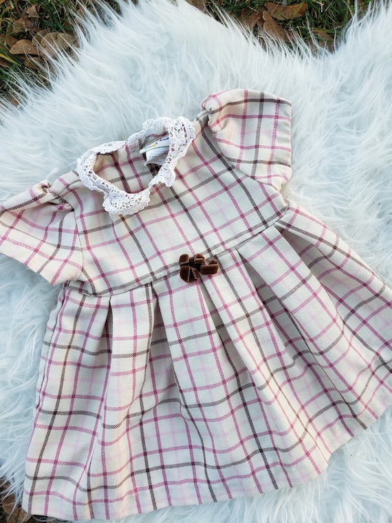 Vintage plaid baby girl dress brown bow 6-9 months - image 2