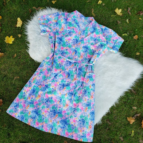 Vintage Bright Floral Cotton House Dress 16 XL Etsy
