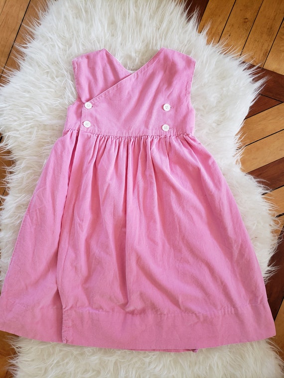 Girls vintage 1960s pink flocked dress corduroy 5… - image 5