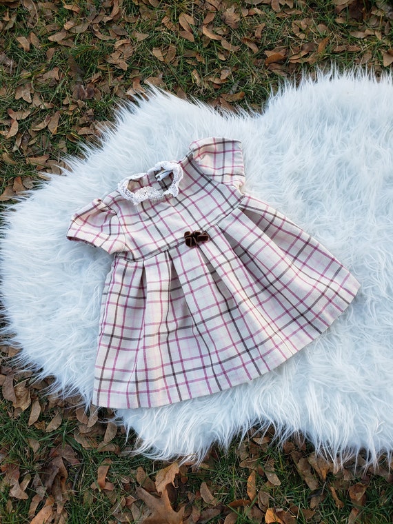 Vintage plaid baby girl dress brown bow 6-9 months - image 1