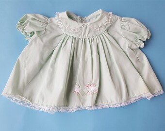 Vintage baby girl light green 1950s party dress lace trim size 0-3 3-6 months.