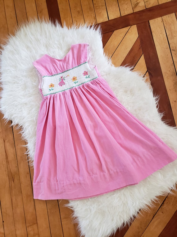 Girls vintage 1960s pink flocked dress corduroy 5… - image 1