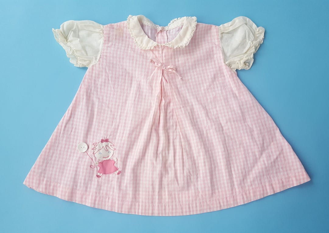 Vintage Baby Girl Pink Gingham Dress With Child Embroidery Etsy