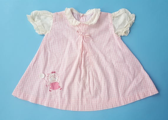 Vintage baby girl pink gingham dress with child e… - image 1