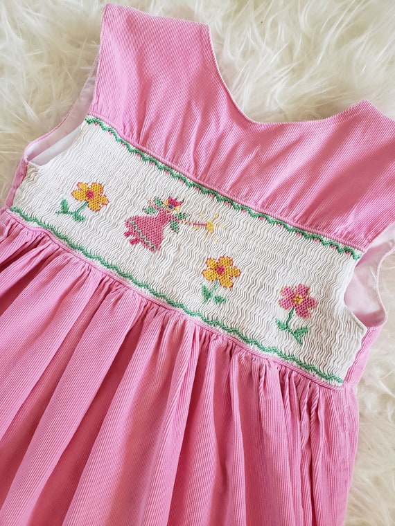 Girls vintage 1960s pink flocked dress corduroy 5… - image 3