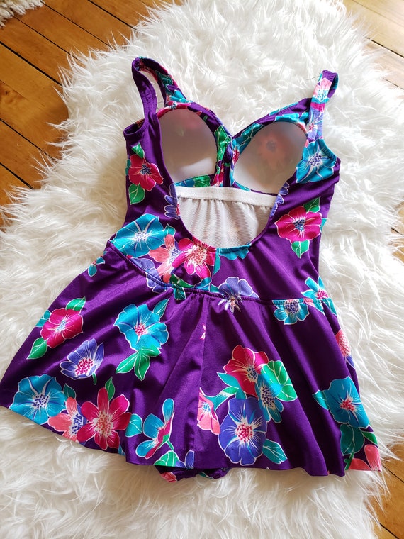 Vintage purple floral one piece skirted swimsuit … - image 6