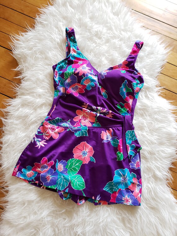 Vintage purple floral one piece skirted swimsuit … - image 2