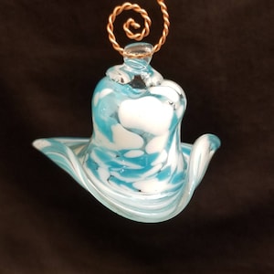 Hand Blown Glass Cowboy Hat Christmas Ornament, Suncatcher. Color: Turquoise & White.