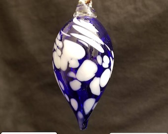 Hand Blown Glass Teardrop Christmas Ornament Suncatcher Cobalt Blue & White. Handblown Ornament By HamonArtGlass.