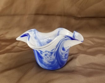 Hand Blown Glass Bowl. Cobalt Blue & White Feather.