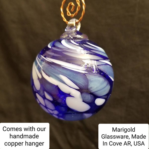 Hand Blown Glass Christmas Ornament. Cobalt Blue, White & Turquoise.