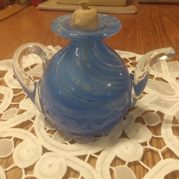 Hand blown glass teapot oil lamp. Deep ocean blue swirl.