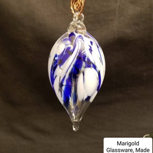 Hand Blown Glass Christmas Ornament. Teardrop. Cobalt Blue & White on Clear. By HamonArtGlass