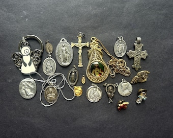 Vintage Religious Lot of 19 Medals: Guardian Angel, Miraculous Medal, Cross Pendant, Lourdes, St Anthony