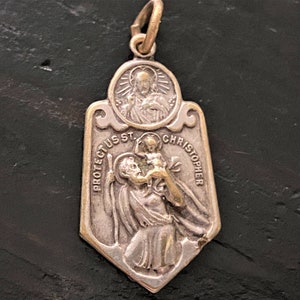 Antique 2 Way St Christopher and Sacred Heart Jesus Religious Medal, Patron Saint of Travelers, Antique Sacred Heart Medal, Catholic Medal