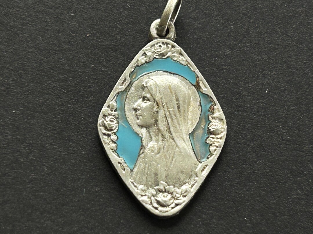 Vintage Blue Enamel Religious Medal of Our Lady of Lourdes, Apparition ...